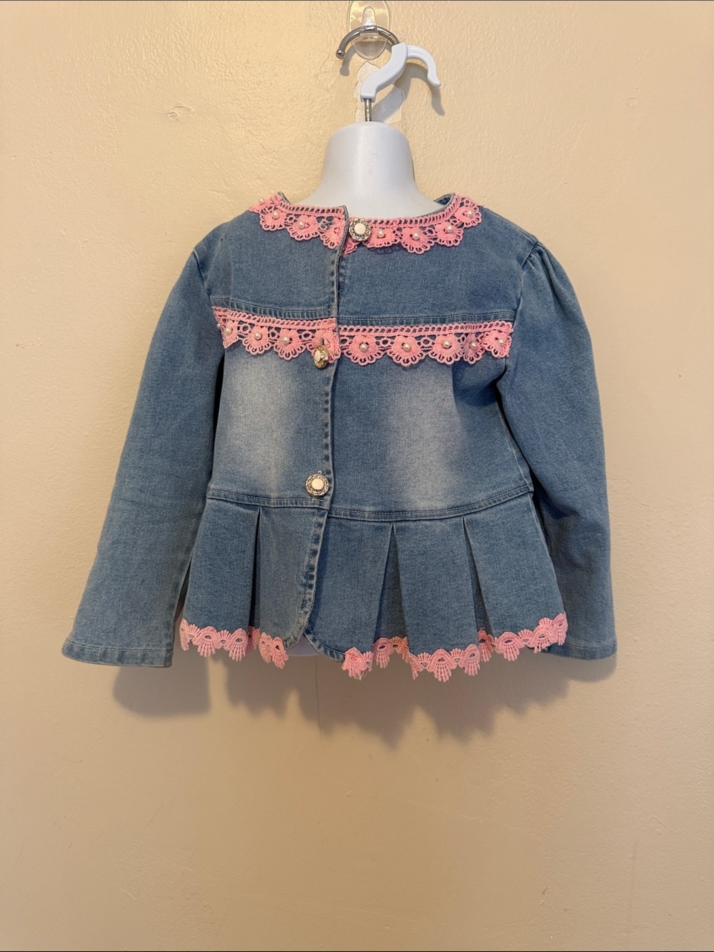 Girls Blue Denim Jacket with Pink Lace Trim
